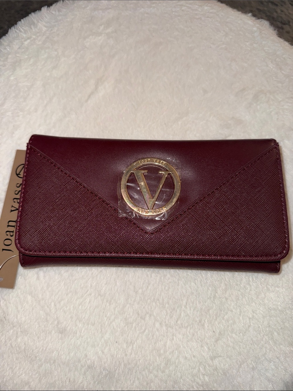 Joan Vass Plum Color Envelope Wallet with Gold Emblem